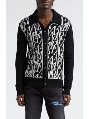AMIRI Men's Repeat Logo Jacquard Wool Cardigan Sweater Jacket Black Size XL